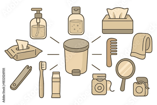 Various bathroom essentials including toiletries, waste bins, and personal care items displayed in a colorful arrangement