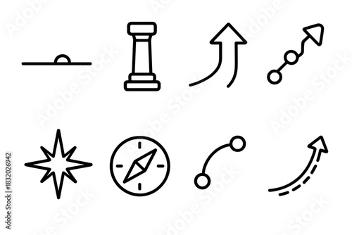 Strategic Path Icons. Long-Term Strategy linear icon set: horizon line, milestone pillar, guided arrow, multi-step path, vision star, direction compass, progress nodes, strategic