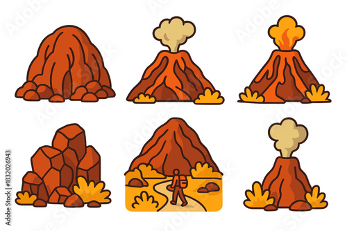 Volcanoes and rocky landscapes with a hiker in a vibrant outdoor setting during daylight