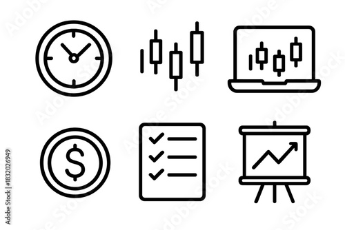 Day Trading Icons. Day trading linear icon set. clock, candlestick chart, laptop, dollar coin, checklist, chart board.