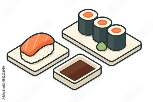 Fresh sushi assortment served with soy sauce and wasabi on a clean white plate