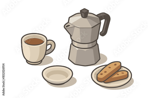Coffee preparation with a moka pot, cup, and cookies on a table in a cozy setting