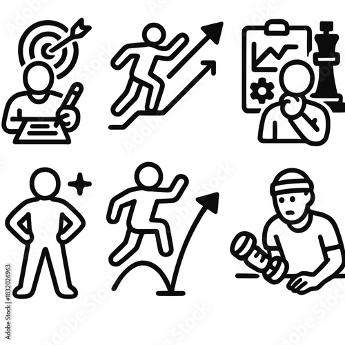 Competitive Mindset Icons. Competitive mindset actions linear icon set: setting goals, pushing limits, evaluating progress, strategic planning, disciplined practice, confident