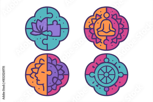 Colorful puzzle pieces with lotus, meditating figure, lion's profile, and dharma wheel designs showcasing harmony and unity