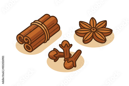Brightly colored illustration of cinnamon sticks, star anise, and cloves on a simple background showing the beauty of spices
