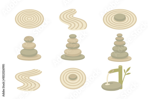 Simple designs of balanced stones, gentle lines, and flowing water for a peaceful atmosphere