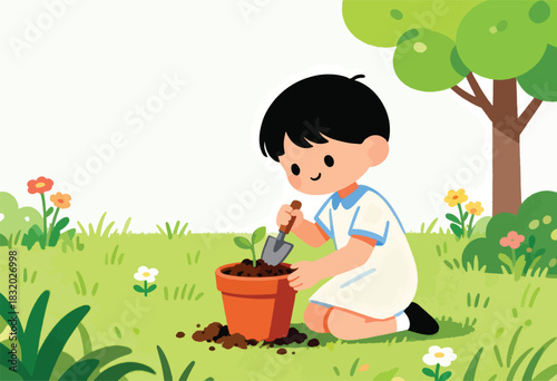A cartoon child kneels in a grassy field, planting a small sprout in a terracotta pot with a trowel