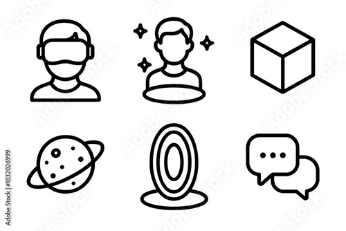 Metaverse Icon Collection. Metaverse Life linear icon set. VR headset, holographic avatar, 3D cube, digital planet, portal, chat icon
