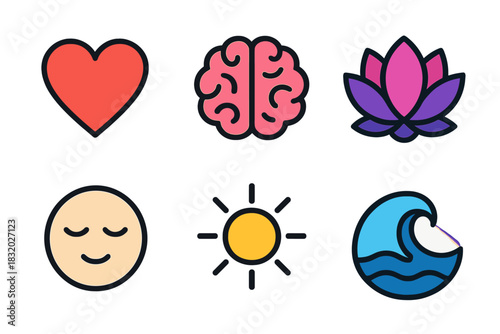 Emotional Balance Symbols. Emotional Balance flat icon set: heart, brain, lotus, calm face, sun, wave