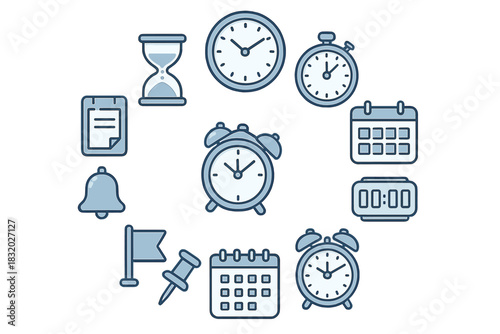 Different timekeeping devices and tools organized in a circular pattern illustrating concepts of time management and scheduling