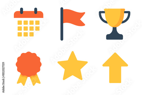 Vibrant Milestone Icons. Month Milestones set flat icons set. Calendar, Flag, Trophy, Ribbon, Star, Arrow.