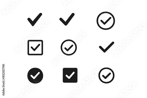 Different styles of check marks and symbols arranged in a grid format showcasing design variations and shapes for approval indicators