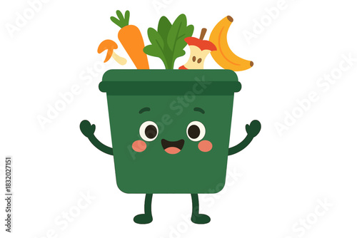 Happy green compost bin holding fresh vegetables and fruits in a playful and colorful design