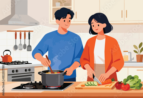 A couple cooks together in a bright kitchen. One stirs a pot, the other cuts vegetables. Cozy and domestic