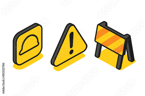 Warning signs for construction area displayed with caution colors and clear symbols for safety awareness