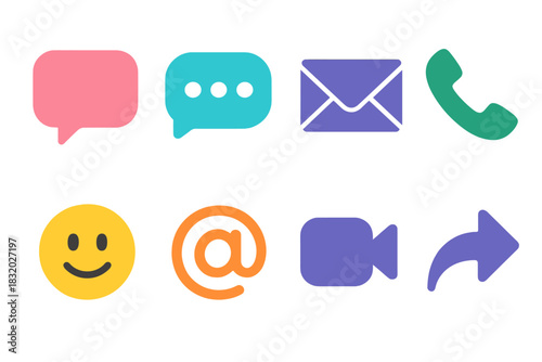 Modern Communication Icons. Online communication flat icon set: message bubble, typing indicator, email envelope, voice call icon, video call camera, reaction emoji, mention symbol