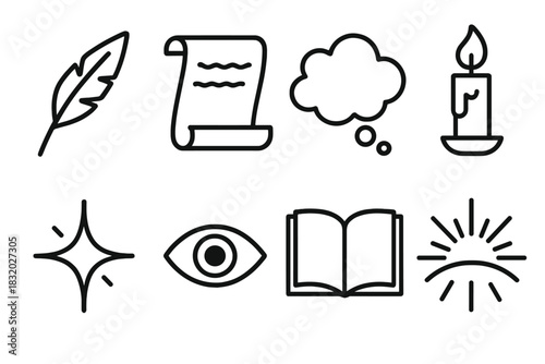 Creative Icon Set. Creative Wisdom linear icon set. feather pen, paper scroll, thought bubble, candle, spark icon, eye, book page, light ray