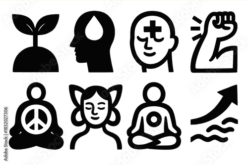 Brutalist Renewal Icons. Inner renewal themes silhouette icon set: fresh start, emotional clarity, mental reset, inner strength, peaceful presence, gentle transformation, centered
