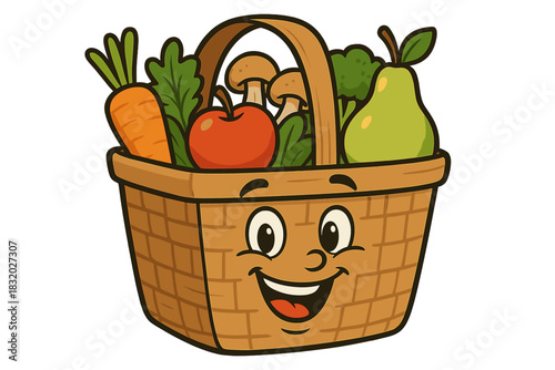 Basket filled with fresh fruits and vegetables featuring a cheerful face, perfect for promoting healthy eating habits