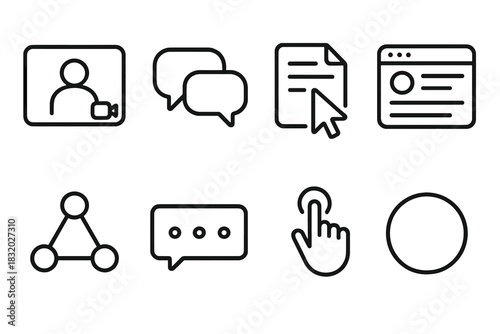 Digital Interaction Icons. Digital Conversation Spaces linear icon set: video chat window, message bubbles, cursor pointer, shared document icon, online forum tile, link nodes