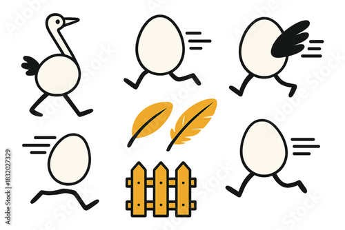 Running eggs and a bird showcase playful animation at a whimsical farm scene