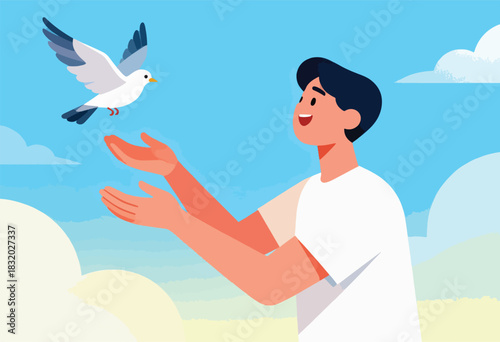 A stylized image shows a person smiling and reaching out for a dove, set against a sky background
