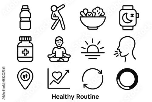 Icons of Healthy Habits. Healthy Routine linear icon set: water bottle, stretching figure, balanced meal bowl, sleep tracker, vitamin jar, meditation icon, morning sun, calm breath
