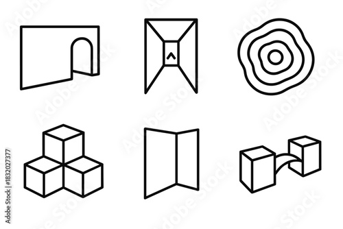Creative Spatial Design. Creative Spatial Flow linear icon set: open zone, light pathway, design ripple, modular cube, soft gradient wall, spatial connector