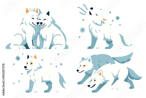 Four playful and charming stylized wolf illustrations showcasing their activities in a snowy landscape