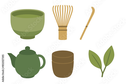 Traditional tea preparation tools including bowls, whisks, and teapots laid out on a table