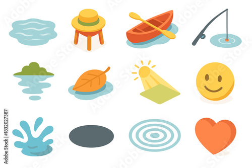 Vibrant Minimalist Icons. Peaceful moments flat icon set: calm water, hat on seat, floating canoe, cast line, reflection, drifting leaf, sunbeam, smile, splash, shadow, ripple