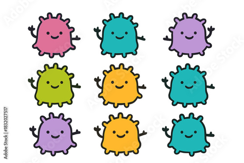 Cheerful cartoon germs in bright colors with smiling faces and waving hands for children's educational material