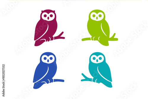 Colorful owl designs on branches showcase unique styles and playful shapes for nature lovers and art enthusiasts