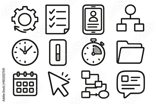 Smart Workflow Icons. Smart Workflows set of icons in doodle hand-drawn vector style. automation gear, checklist, app screen, flowchart, clock, progress tracker, time block, folder