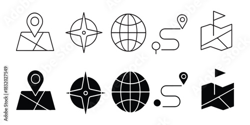 Navigation and location icons set in minimalist black and white style