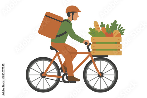 Delivery cyclist transporting fresh groceries through a neighborhood setting on a sunny day