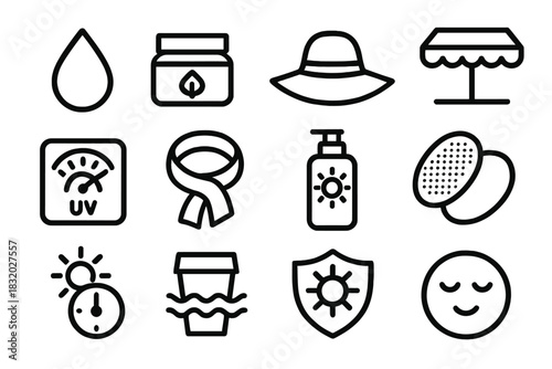Sun-Safety Icons. Sun-Safe Skincare Symbols linear icon set: SPF droplet, mineral-based cream jar, wide-brim hat, shade canopy, UV meter, protective scarf, calming lotion bottle