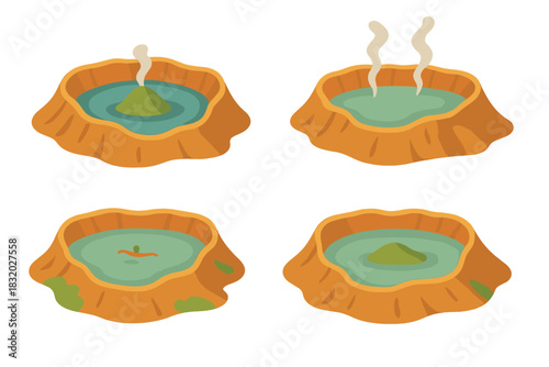 Colorful illustrations of geothermal springs with steaming water in natural settings