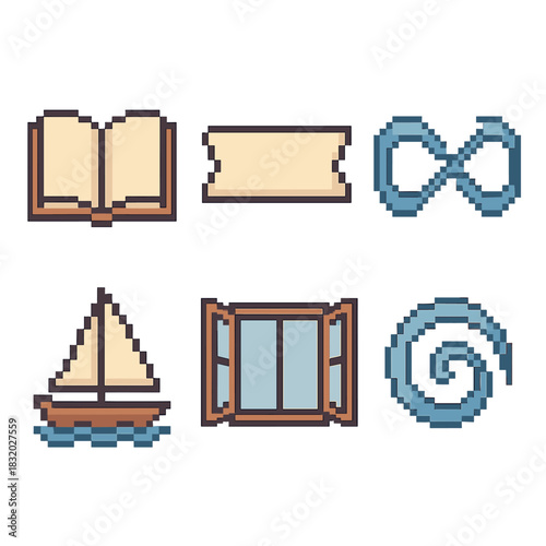 Pixel Art Freedom Icons. Freedom Concepts pixel style icon set: open book, blank banner, limitless arrow, drifting sailboat, open window, unbounded swirl