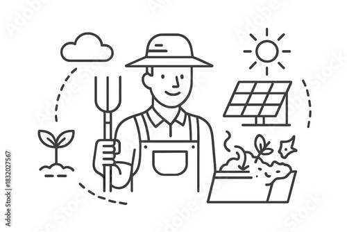 Farmer using sustainable practices with solar energy and composting in a sunny field