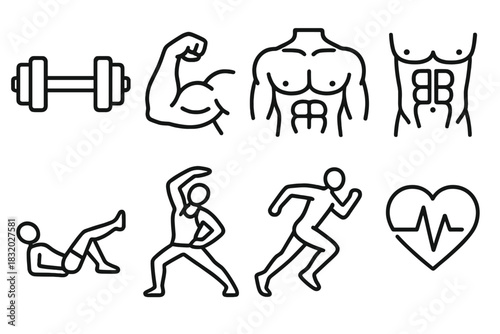 Fitness Icon Set. Fitness muscle training concept linear icon set: dumbbell, flexing arm, chest muscle, abs, leg lift, stretching body, running figure, heartbeat , sporty