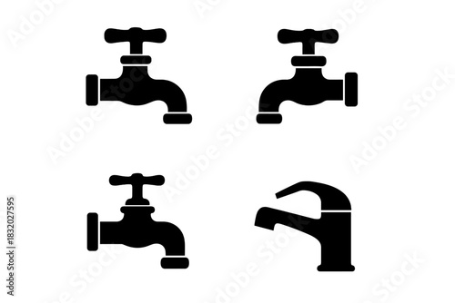 Various designs of faucet silhouettes showcasing different styles and shapes for plumbing or graphic purposes