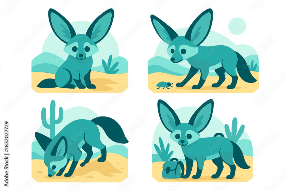 Fototapeta premium Cute desert fox characters in playful poses showcasing their unique features and habitat