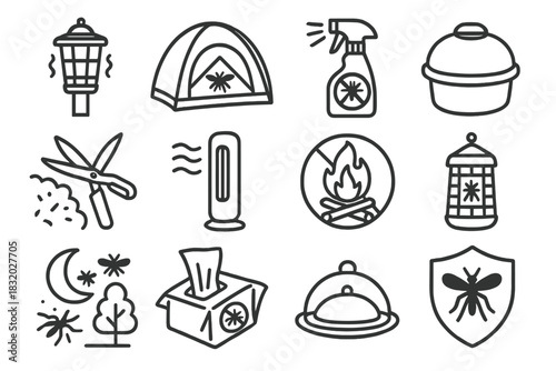 Mosquito Protection Icons. Outdoor Mosquito Protection linear icon set: yard lantern repeller, campsite net dome, insect barrier spray, water container lid, vegetation trimming