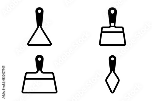 Various types of kitchen spatulas and scrapers displayed in simple designs