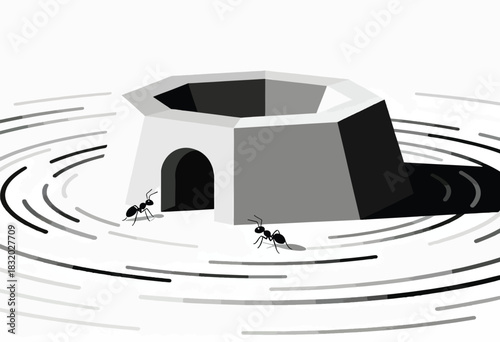 Geometric illustration featuring a building with archway, ants, and concentric wave-like lines in grayscale