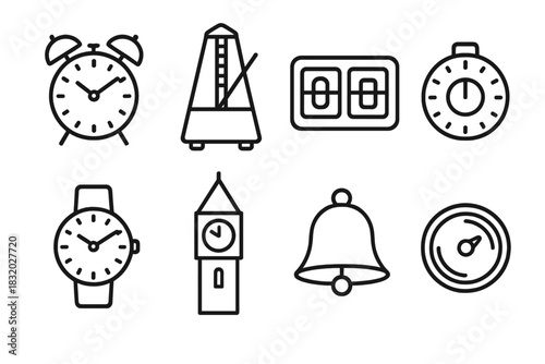 Timekeeping Icon Set. Timekeeping objects linear icon set: desk clock, metronome, flip clock, timer knob, wristband, clock tower outline, bell chime, rotating disc