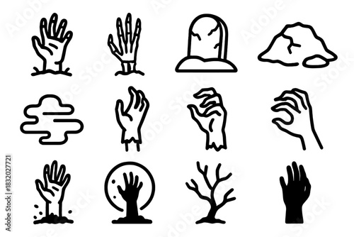 Zombie Hand Icons. Zombie Hand Icons Set linear icon set: rising zombie hand, skeletal fingers, cracked tombstone, broken earth mound, eerie mist, torn sleeve, clawed grasp