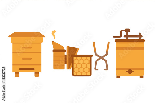 Beekeeping tools and equipment set displayed on a clean background showcasing essential items for honey production