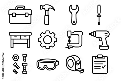 Workshop Tools Outline. Workshop Elements Set linear icon set: toolbox, hammer, wrench, screwdriver, workbench, gear icon, clamp tool, drill outline, nuts and bolts, safety goggles